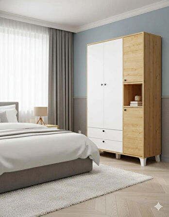 Kuzeylife 4 Kapaklı 6 Raflı Ekstra Derin Gardrop-52 cm Derinlik