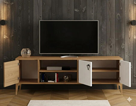 Rivo Tv Ünitesi Legnano-Beyaz Raflı ve Kapaklı Modern Tasarım 150 cm