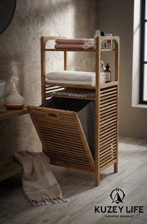 Kuzeylife Bambu Kirli Sepetli 2 Raflı Çok Amaçlı Banyo Düzenleyici