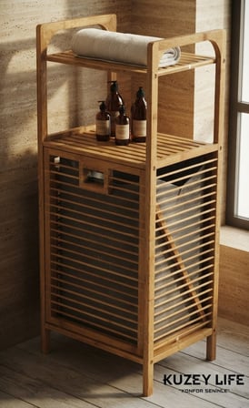 Kuzeylife Bambu Kirli Sepetli 2 Raflı Çok Amaçlı Banyo Düzenleyici