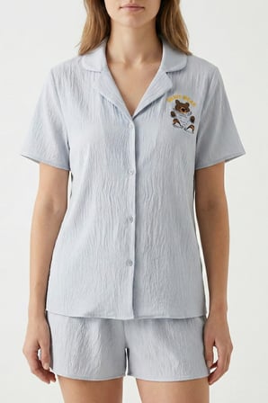 Laperissa Kadın Soft Touch Ayı Desenli Şortlu Pijama Takımı Gri Beden 36