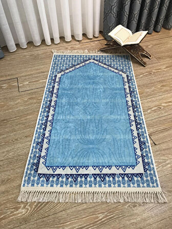 Açık Mavi Saçaklı Seccade (Lateks Taban) 75x125