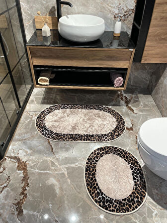 2 'li Leopar Desen Oval Banyo Paspası - Kahverengi Ebat (60X100 - 60X50)