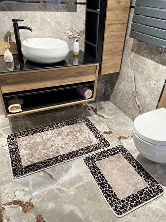 2 'li Leopar Desen Banyo Paspası - Kahverengi Ebat (60X100 - 60X50)