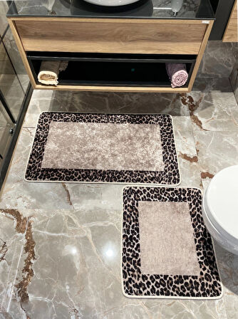 2 'li Leopar Desen Banyo Paspası - Kahverengi Ebat (60X100 - 60X50)