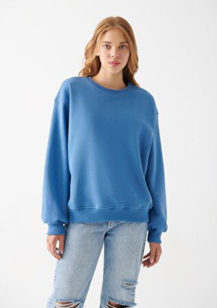 Bisiklet Yaka Mavi Basic Sweatshirt 1610198-70885