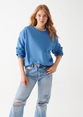 Bisiklet Yaka Mavi Basic Sweatshirt 1610198-70885