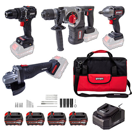 Grangos 20V Kömürsüz Akülü Set – Darbeli Matkap, Somun Sıkma, Avuç Taşlama, Kırıcı Delici – 4×5.0Ah Akü, Hızlı Şarj, Çanta, Aksesuar Hediyeli