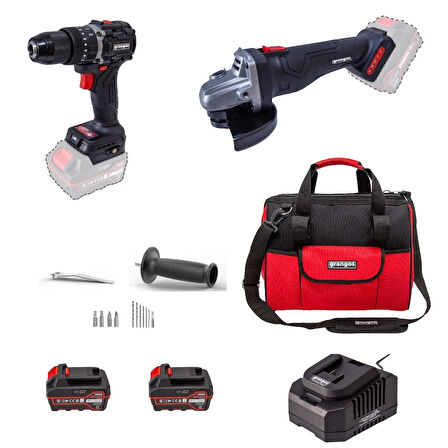 Grangos 20V Kömürsüz Akülü Set – Darbeli Matkap Vidalama, Avuç Taşlama – 2×5.0 Ah Akü, Hızlı Şarj, Çanta, Aksesuar Hediyeli