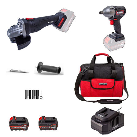 Grangos 20V Kömürsüz Akülü Set – Somun Sıkma Sökme, Avuç Taşlama – 2×5.0Ah Akü, Hızlı Şarj, Çanta, Aksesuar Hediyeli