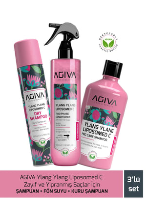 AGİVA CARE & BEAUTY Ylang Ylang Liposomed C Zayıf ve Yıpranmış Saçlar İçin Şampuan + Fön Suyu + Kuru Şampuan - 3'lü Saç Bakım Seti