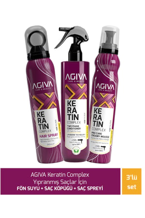AGİVA CARE & BEAUTY Keratin Complex Yıpranmış Saçlar İçin Fön Suyu + Saç Köpüğü + Saç Spreyi - 3'lü Saç Bakım Seti