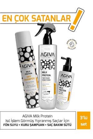 AGİVA CARE & BEAUTY Milk Protein Isıl İşlem Görmüş Yıpranmış Saçlar İçin Fön Suyu + Kuru Şampuan + Bakım Sütü - 3'lü Saç Bakım Seti