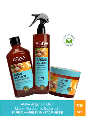 AGİVA CARE & BEAUTY Argan Oil Elixir Kuru, Mat ve Sertleşmiş Saçlar İçin Şampuan + Fön Suyu + Saç Maskesi - 3'lü Saç Bakım Seti