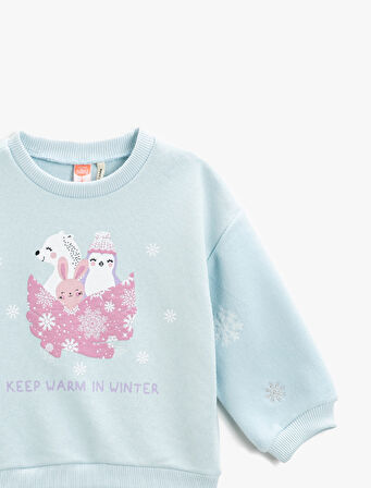 Baskılı Sweatshirt Bisiklet Yaka Pamuklu