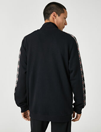 Fermuarlı Sweatshirt Dik Yaka Cepli Pamuklu Çiçek Detaylı