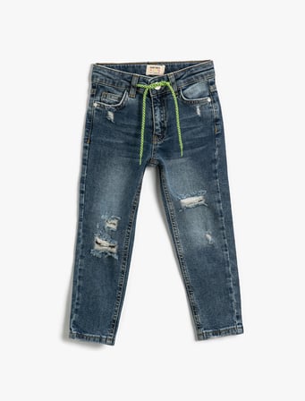 Kot Pantolon Beli Bağlamalı Yıpratılmış Cepli Pamuklu - Skinny Jean