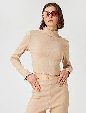 Uzun Kollu Tişört Boğazlı Crop Fitilli