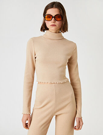 Uzun Kollu Tişört Boğazlı Crop Fitilli