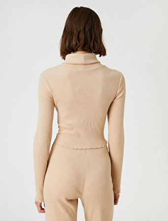 Uzun Kollu Tişört Boğazlı Crop Fitilli