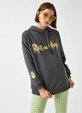 Koton Kapüşon Yaka Baskılı Antrasit Kadın Sweatshırt 3WAL10075IK