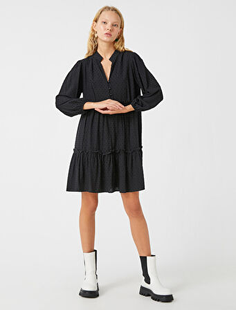 Balon Kollu Elbise Fırfırlı Dokulu