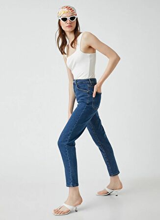 Koton Normal Bel Dar Paça Normal İndigo Melanj Kadın Denim Pantolon 3WAL40029MD