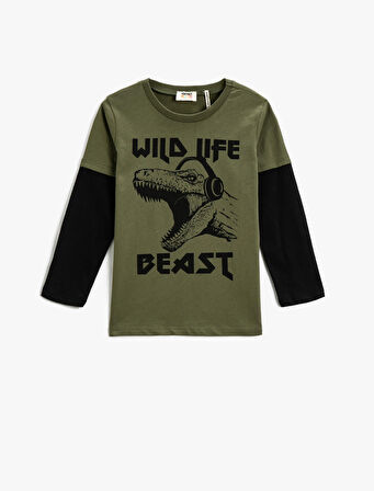 Dinozor Baskılı Uzun Kollu Tişört Pamuklu