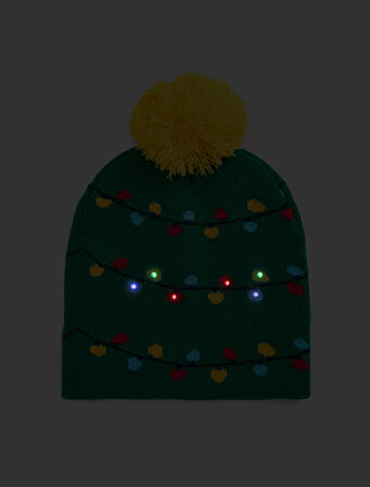 Örgü Bere Karanlıkta Parlayan Yılbaşı Temalı Ponponlu