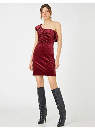 Kadın Giyim Kadife Mini Abiye Elbise Tek Omuz Volanlı Taş Detaylı 3WAK80021FK Bordo