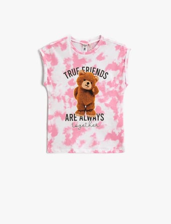 Teddy Bear Baskılı Tişört Batik Desenli Kolsuz Pamuklu
