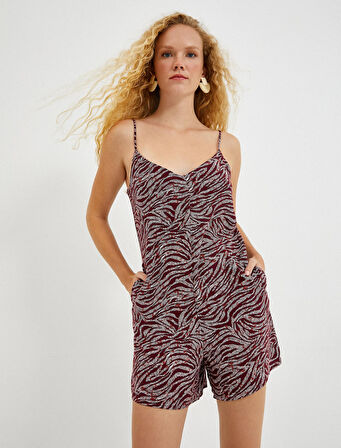 Şortlu Tulum Zebra Desenli V Yaka