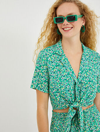 Desenli Crop Gömlek Kısa Kollu Beli Bağlamalı