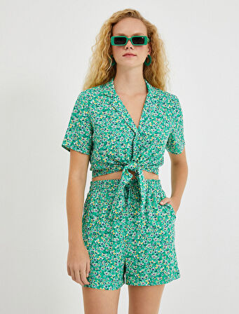 Desenli Crop Gömlek Kısa Kollu Beli Bağlamalı