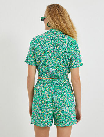 Desenli Crop Gömlek Kısa Kollu Beli Bağlamalı