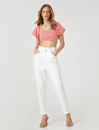 Çiçekli Crop Bluz Büzgü Detaylı Kolları Volanlı