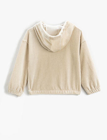 Kapşonlu Sweatshirt Fitilli Kadife Yarım Fermuar Detaylı 