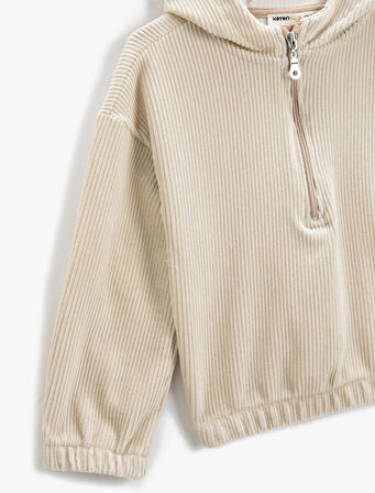 Kapşonlu Sweatshirt Fitilli Kadife Yarım Fermuar Detaylı 