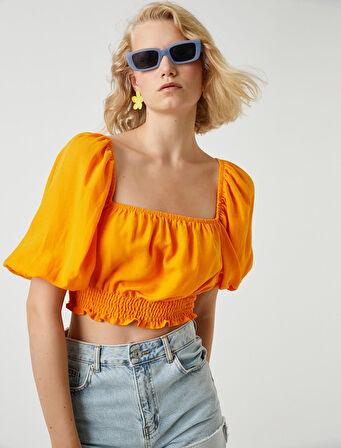 Crop Bluz Beli Lastikli Keten Karışımlı