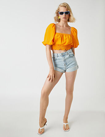 Crop Bluz Beli Lastikli Keten Karışımlı