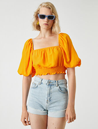 Crop Bluz Beli Lastikli Keten Karışımlı