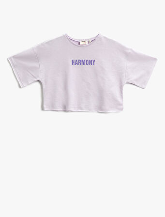 Crop Tişört Baskılı Kısa Kollu Bisiklet Yaka Pamuklu