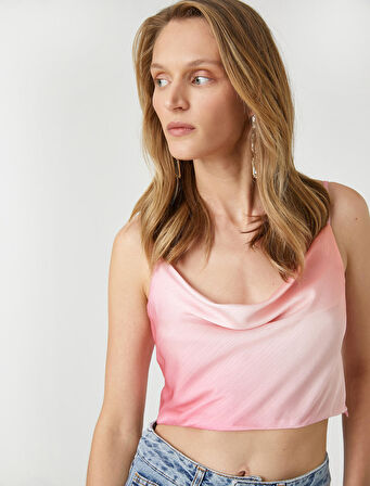 Saten Crop Abiye Bluz Askılı Degaje Yaka Renk Geçişli