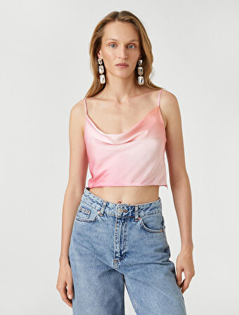 Saten Crop Abiye Bluz Askılı Degaje Yaka Renk Geçişli