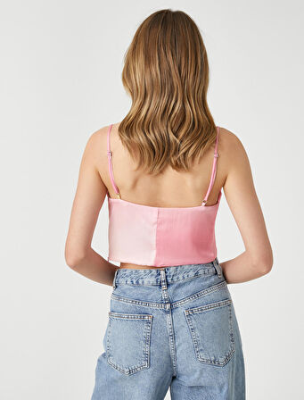 Saten Crop Abiye Bluz Askılı Degaje Yaka Renk Geçişli