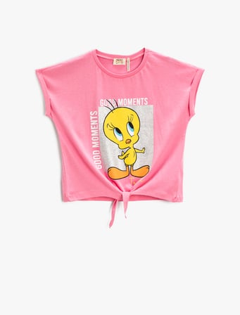 Tweety Baskılı Tişört Lisanslı Önü Bağlamalı Kısa Kollu Bisiklet Yaka Pamuklu