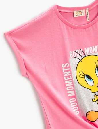 Tweety Baskılı Tişört Lisanslı Önü Bağlamalı Kısa Kollu Bisiklet Yaka Pamuklu