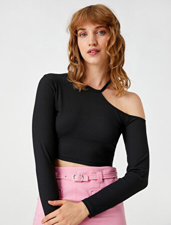 Crop Tişört Uzun Kollu Pencere Detaylı