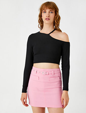 Crop Tişört Uzun Kollu Pencere Detaylı