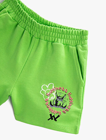 Beli Lastikli Şort Cepli Baskılı Pamuklu